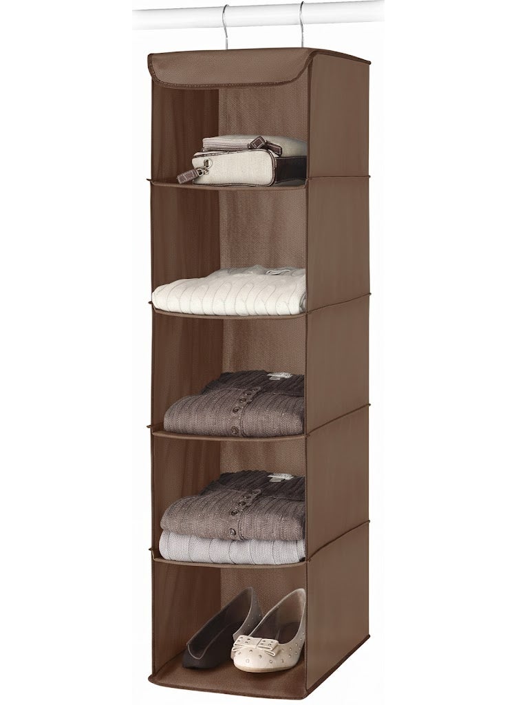 RollsTimi  5-Shelf Hanging Closet Organiser with Metal Frame & 6 Side Pockets - Brown (88.9cm Height) - Image 1